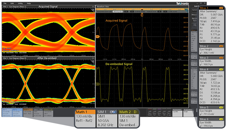 Side-by-side view of original and de-embedded signal with Tektronix SIM software
