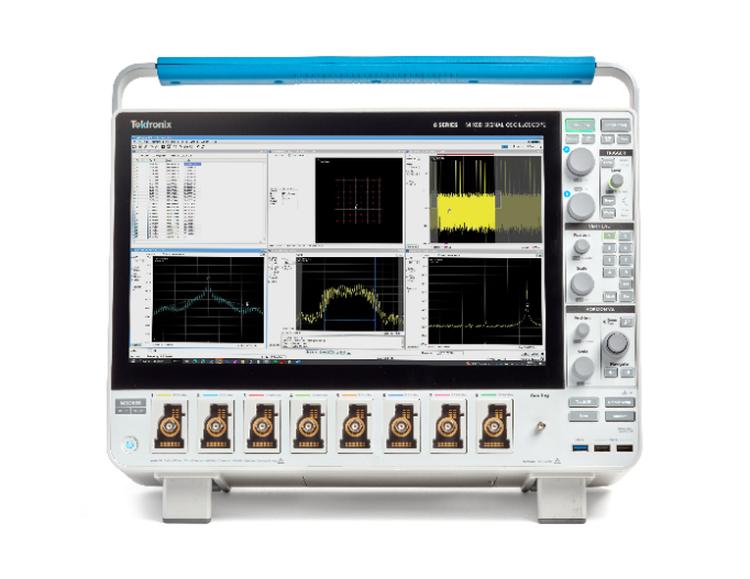 Tektronix 6 Series Mixed Signal Oscilloscope showing a real-time spectrum analysis set of measurements on the screen from the SignalVU-PC software