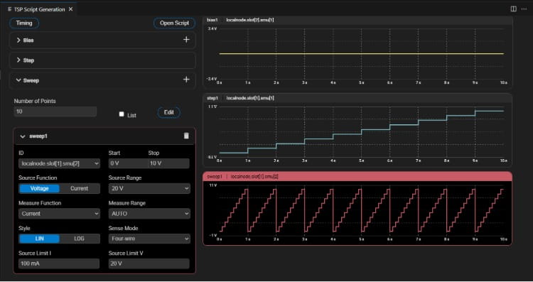 The new TSP Toolkit Script Generation UI Beta, with three SMU channels configured as a Bias, a Stepper, and a Sweeper