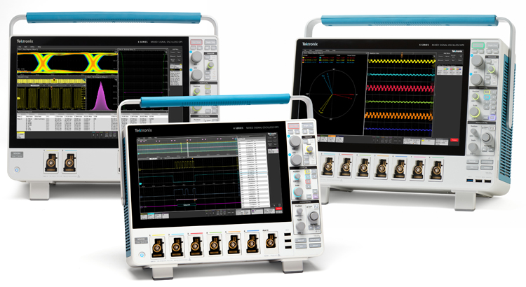 Three Tektronix oscilloscopes displaying RF waveforms and measurements, illustrating synchronized multi-channel analysis. Features the 4 Series MSO, 5 Series MSO, and 6 Series MSO B oscilloscopes