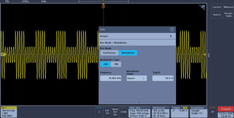 AM and FM Additions to the Internal AFG The 3 Series MDO showing the internal Arbitrary Function Generator