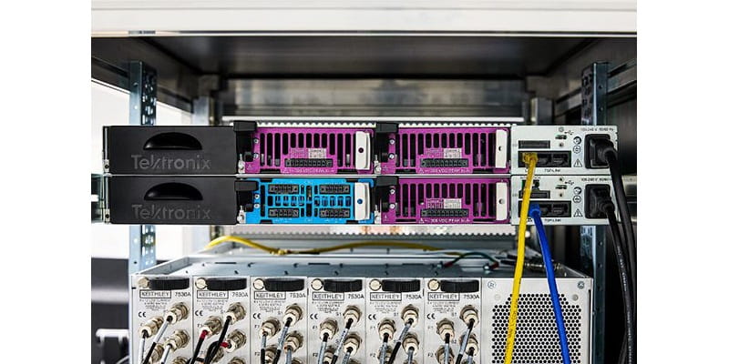 Rear view of 2 Mp5000 mainframes testing 8 channels