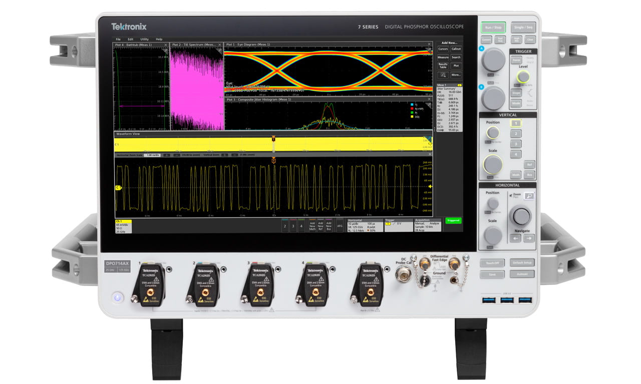 Jitter summary for a 16 Gbps signal shows low noise contribution of the 7 Series DPO.