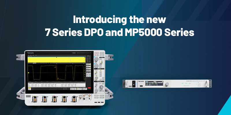 Image showing the two new products from Tektronix: The 7 Series DPO oscilloscope on the left and the MP5000 Series modular precision test system on the right.