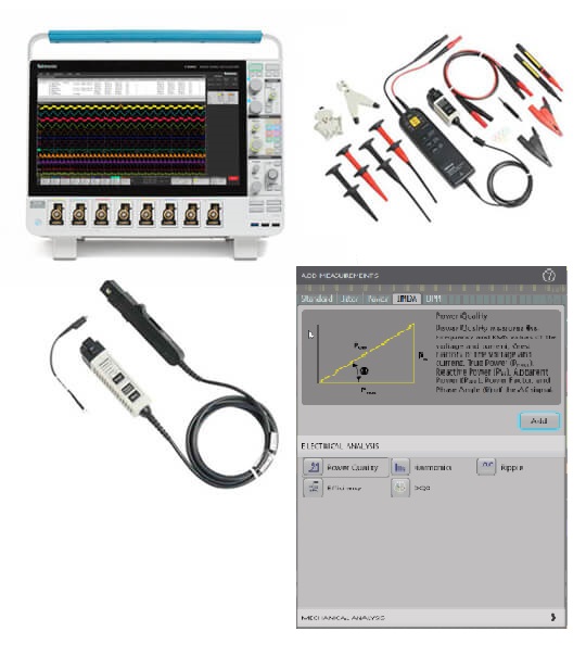 A system for measurements on 3-phase variable frequency drives includes an 8-channel oscilloscope, analysis software, 3 high-voltage differential probes and 3 current probes