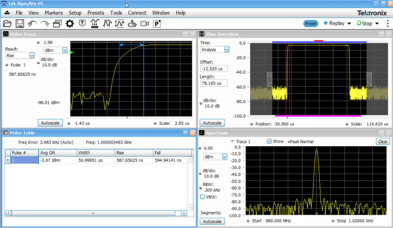 SignalVu capturing a pulse and displaying rise and fall times
