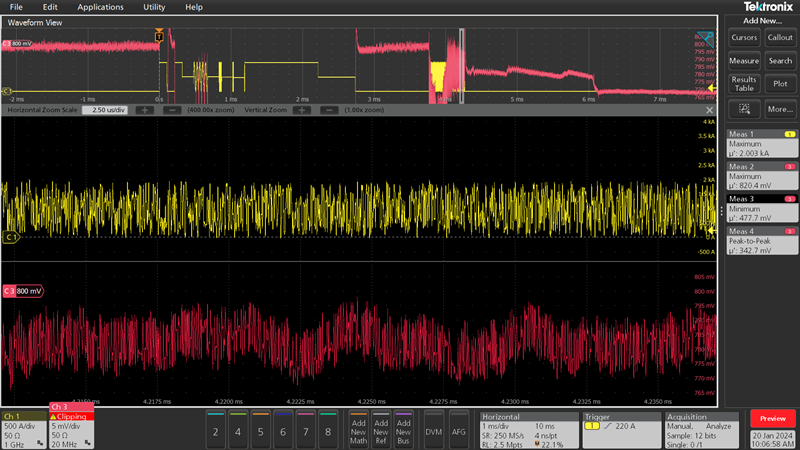Oscilloscope screen showing accurate high voltage signal, highlighting low noise measurement importance