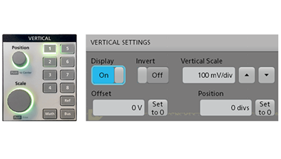 Vertical settings menu on an oscilloscope and offset control menu on an oscilloscope