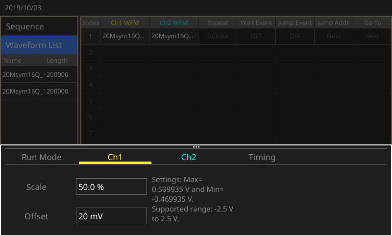 ArbBuilder application on the AFG31000 using the settings bar menu.