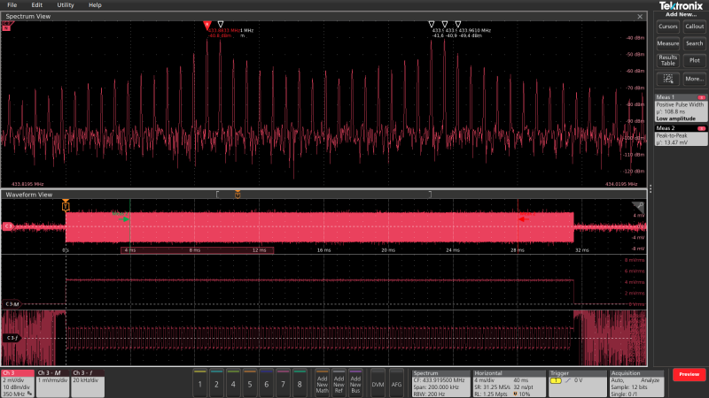 A graphic user interface displaying Gated frequency measurement on RF pulses