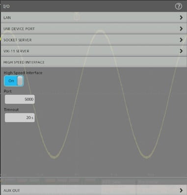 The High Speed Interface settings menu featuring a toggle button to enable High Speed Interface, the port number field, and the timeout parameter in seconds. 