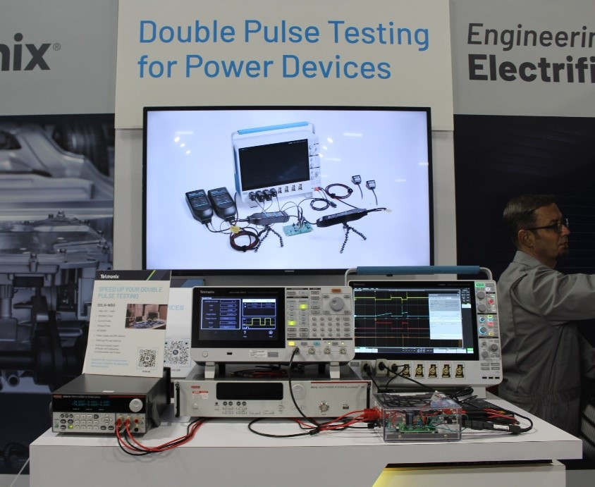 Double Pulse Testing on power semi devices utilizing SiC and GaN with a 5 Series B MSO oscilloscope, an AFG31000, a Keithley power supply, and probes.