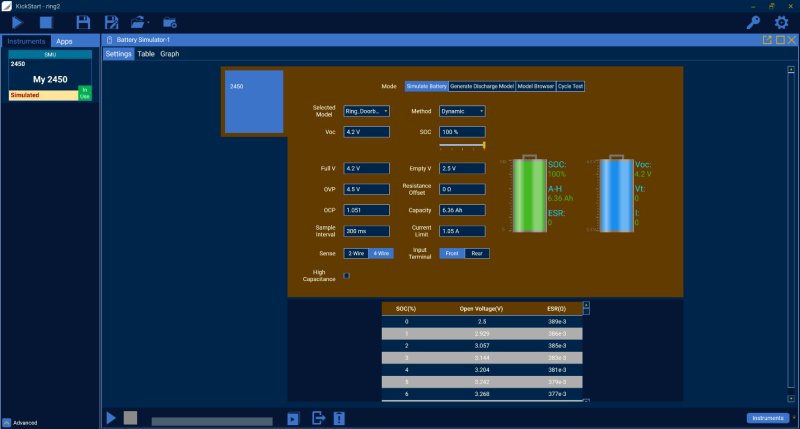 Screenshot of KickStart control software simulating a battery profile