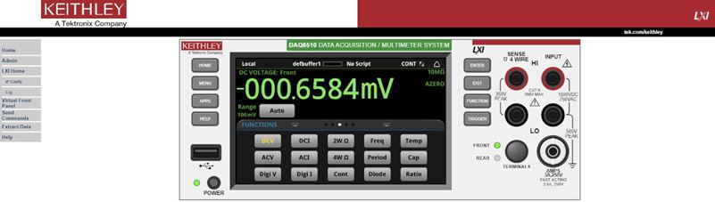 Virtual front panel on a Keithley DAQ6510 data acquisition unit.