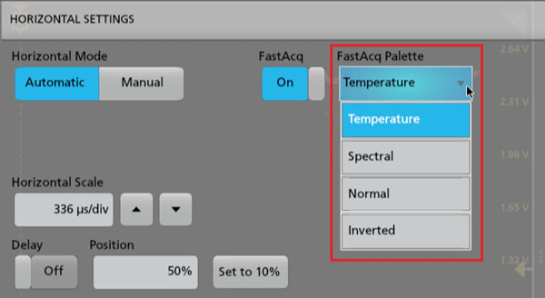 FastAcq Palette shown in horizontal settings once FastAcq is enabled. It can be used to adjust color palette for color gradient