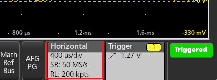 Horizontal badge on the bottom right of the oscilloscope display can be used to adjust horizontal settings.