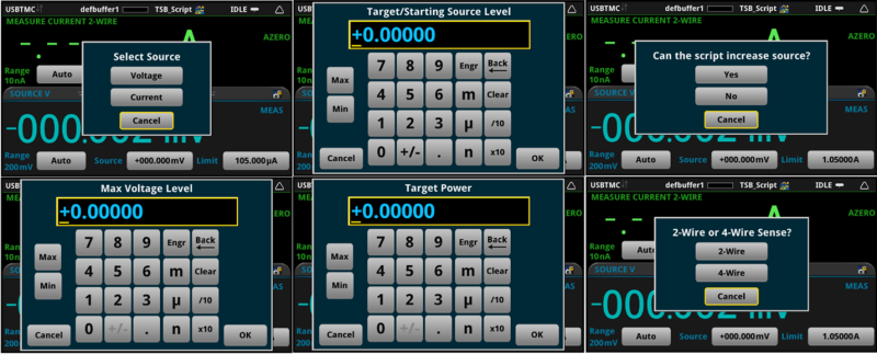 All six potential prompts that will be displayed when using the touchscreen to run the script.