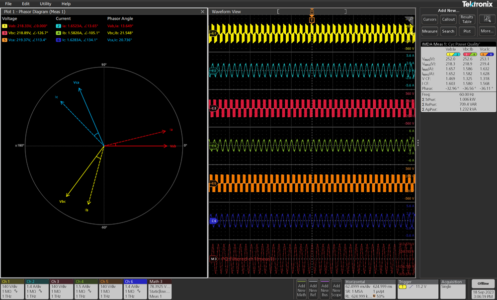 Screen capture from the 4 Series B MSO displaying 3-phase power analysis.