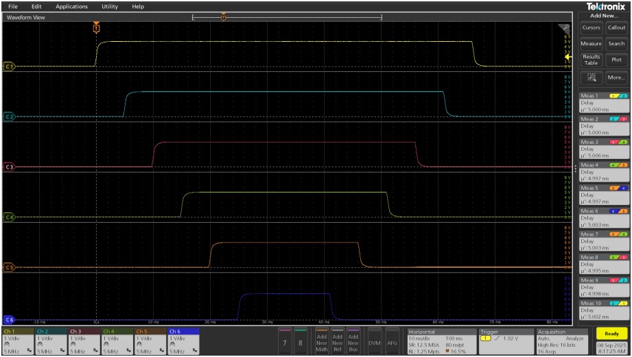 Scope Capture of Output On and Off Sequence 6 PSU Channels