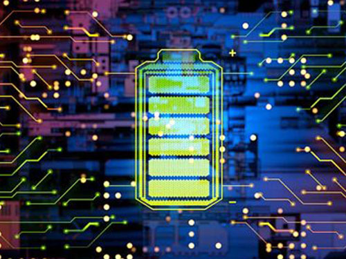 A battery surrounded computer chip nodes in a decorative pattern