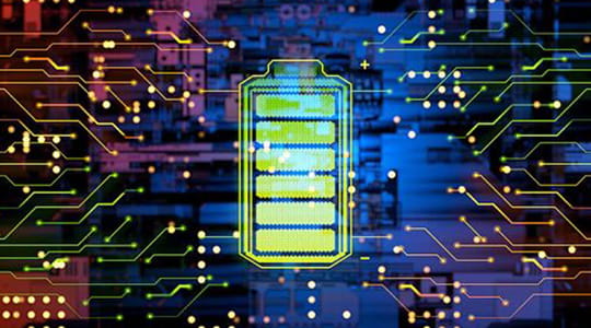 A battery surrounded computer chip nodes in a decorative pattern