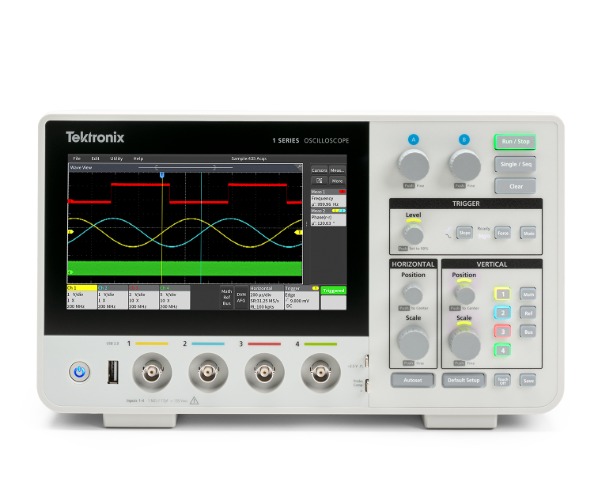 Front view of the 1 Series DPO oscilloscope showing touchscreen display and controls