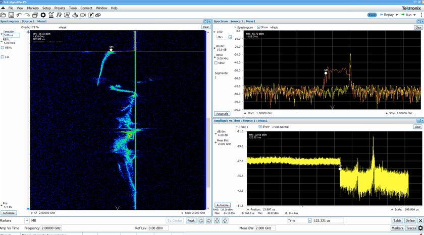 SignalVu spectrogram using the 7 Series DPO to capture high speed event