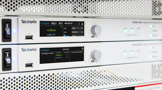 two MP5000 mainframes racked in a system close up of front panels