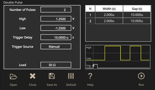 A screenshot from a Tektronix AFG31000 displaying the optional Double Pulse software