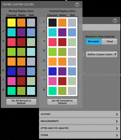 The Define Custom Colors menu of a Tektronix oscilloscope showing the default options