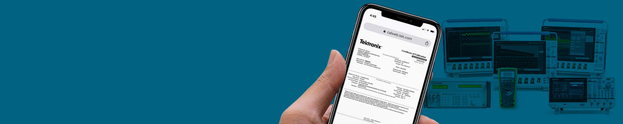 CalWeb Online Portal banner - Hand holding phone with smart easy calibration program management certificate 