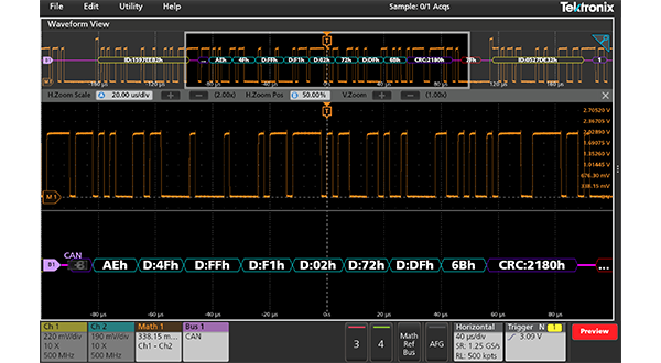 CAN bus decoded on an automotive oscilloscope