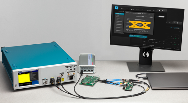 DPO70000SX oscilloscope and DisplayPort 2.1 transmitter software set-up to test and validate the physical electrical layer of DP source devices.