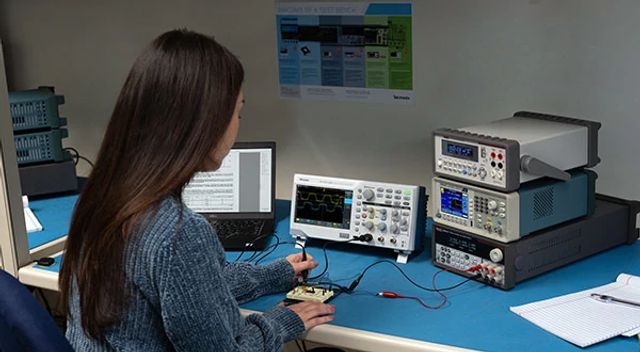 student learning on bench setup