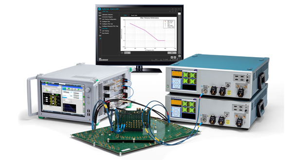 PCIe Rx test setup including test fixture, Device Under Test, Anritsu MP1900A BERT and Tektronix DPO70000SX oscilloscope and compliance test automation software.