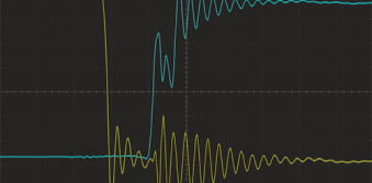 Power semiconductor device analysis on the touchscreen of a Tektronix oscilloscope.