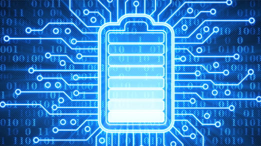 Illustration of a battery icon integrated into a circuit board design, with glowing blue circuitry and binary code background.