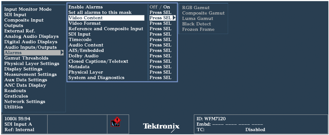 Alarms Configuration menu