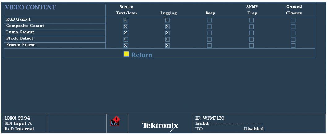 Video Content Configuration menu