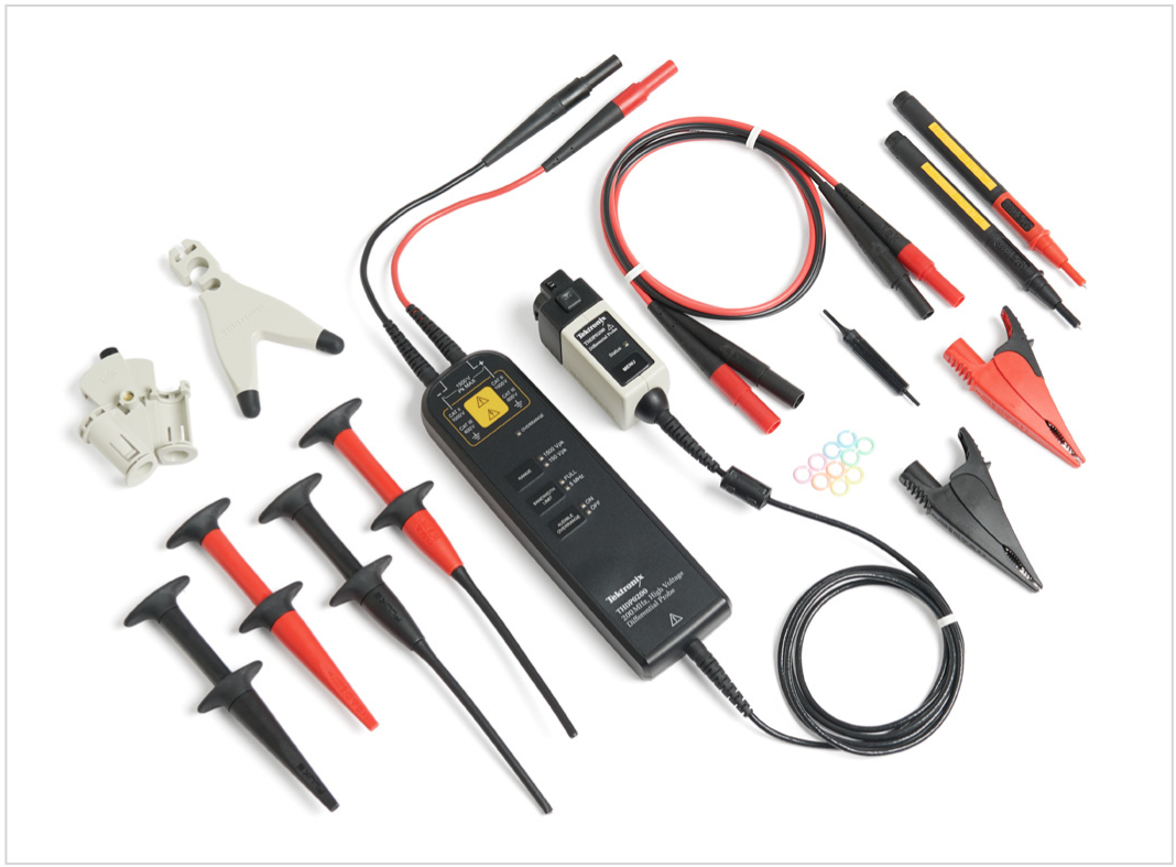 Example of a differential voltage probe, Tektronix Differential Probe THDP0200 with accessories