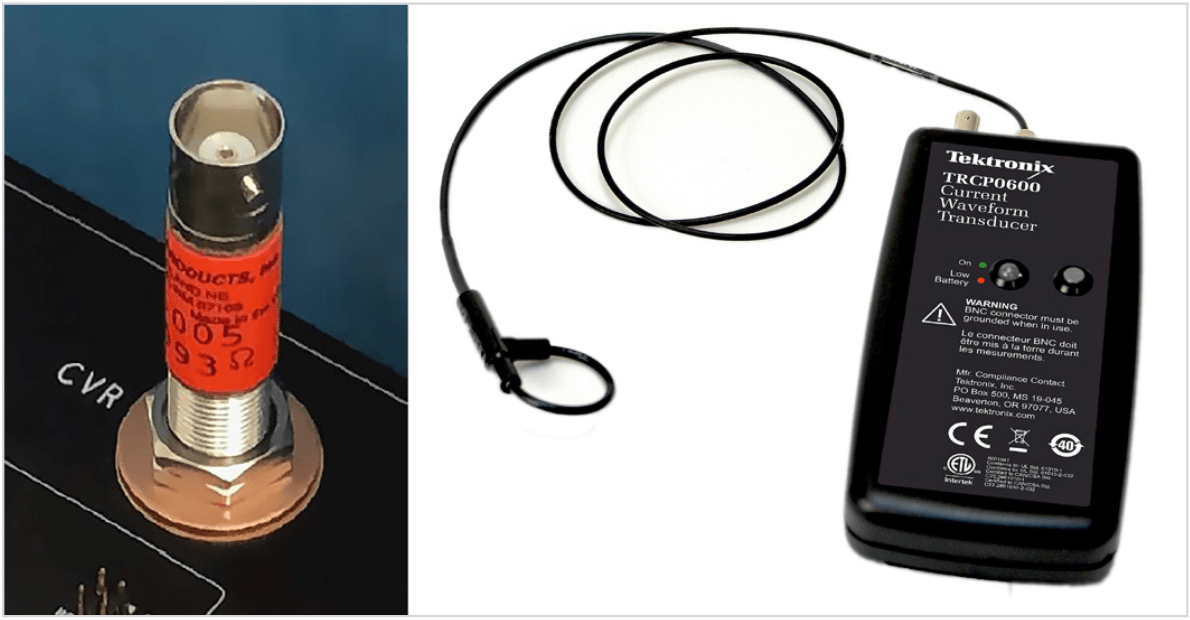 Probe examples, (a) Current Viewing Resistor (T & M Research SSDN005, 400 MHz). Photo © Wolfspeed. Reprinted with permission. (b) Rogowski Current Probe (TRCP0600 Current Waveform Transducer, 30 MHz).