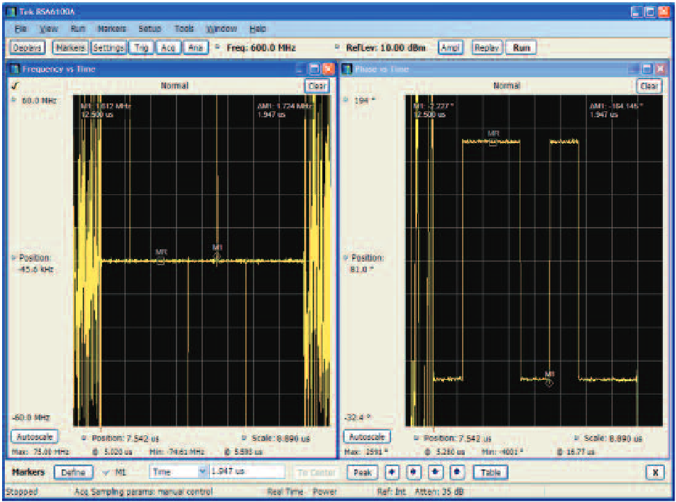 Barker coded pulse with Freq vs. Time on the left and Phase vs. time on the right