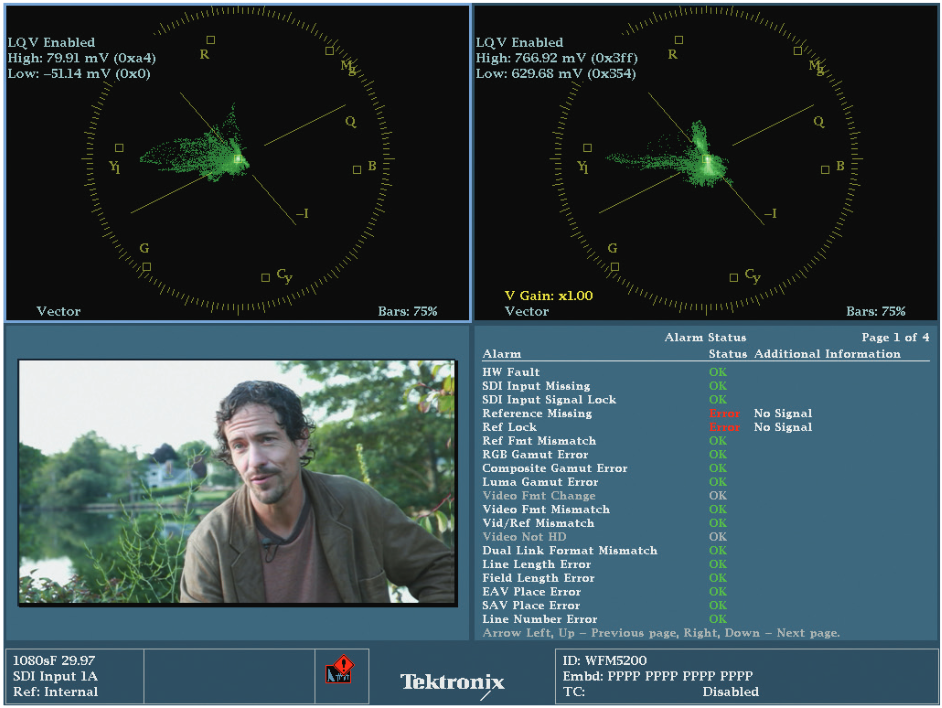 The WFM and WVR 5200 are capable of two trace displays. The other two displays must be non-trace displays, like the Picture monitor, Audio bar and Status displays.