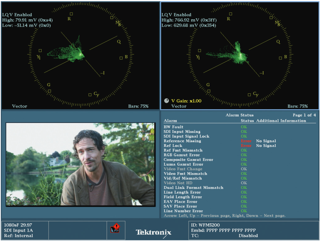 The HIGH and LOW Luma Qualified Vectorscopes are set up in the top two quadrants with the highlights on the shadows displayed on the left top quadrant and the shadows displayed on the right top quadrant