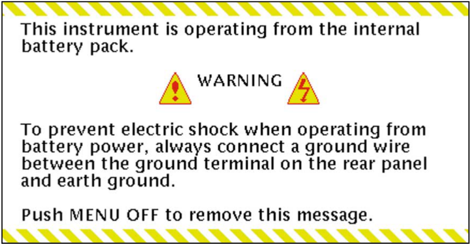 Warning displayed by TDS3000 Series when operating in battery mode.