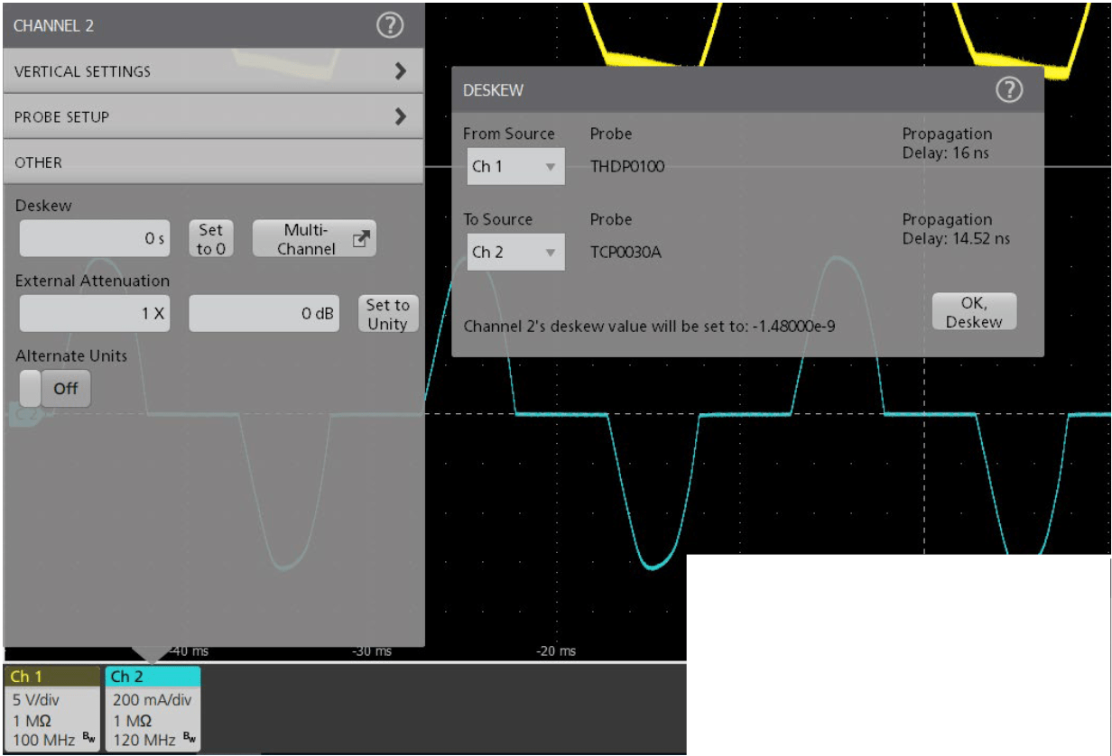 Static skew compensation between a differential voltage probe and current probe BEFORE Adjustment. These probes have onboard memory that stores their nominal propagation delays.