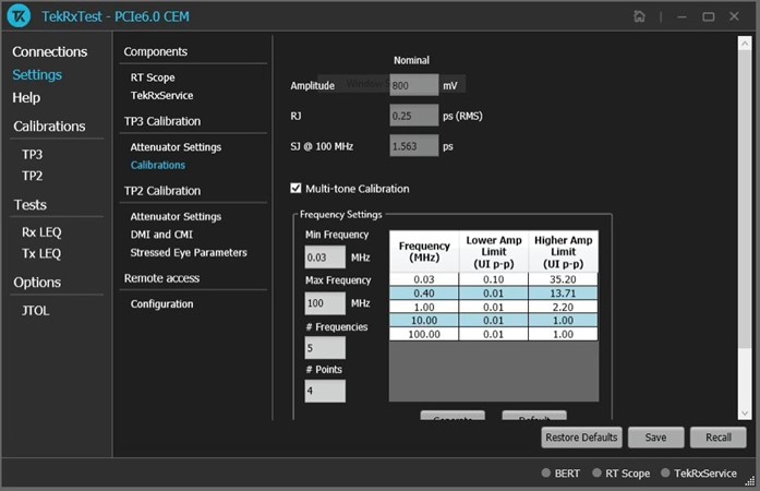 Screenshot showing configuration of multi-tone SJ frequency and amplitude.