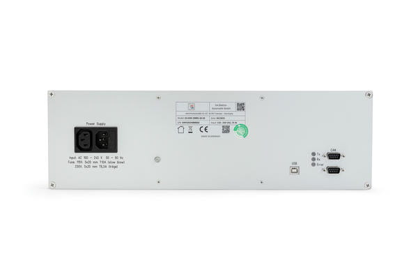 Rear panel of EA-BIM 20005 including line power inlet, USB device port, and CAN bus connections​