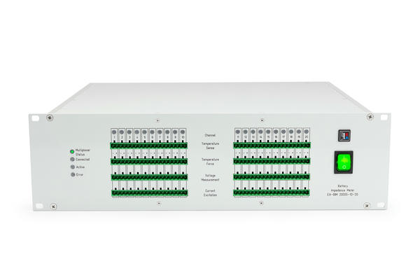 EA-BIM 20005 Battery Impedance Meter, front panel showing 20 channels for electrochemical impedance spectroscopy (EIS) measurements, plus 20 channels for temperature sensors​