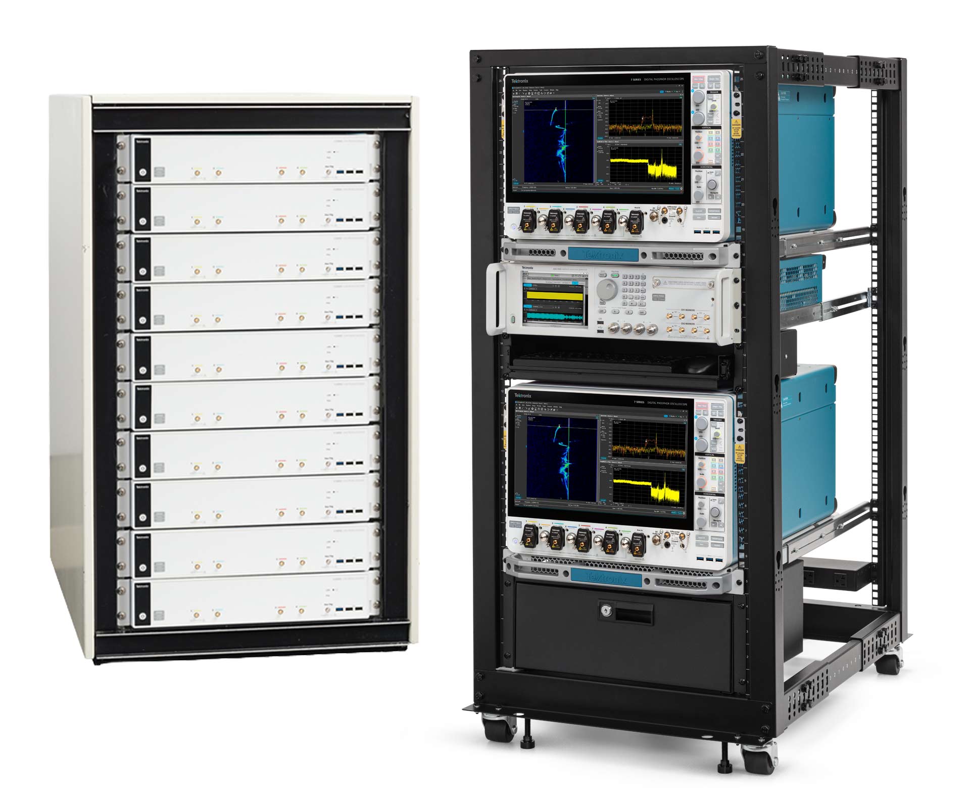 Image of the 7 Series DPO showing a PDV measurement screen along side the 6 Series MSO in a rack configuration.